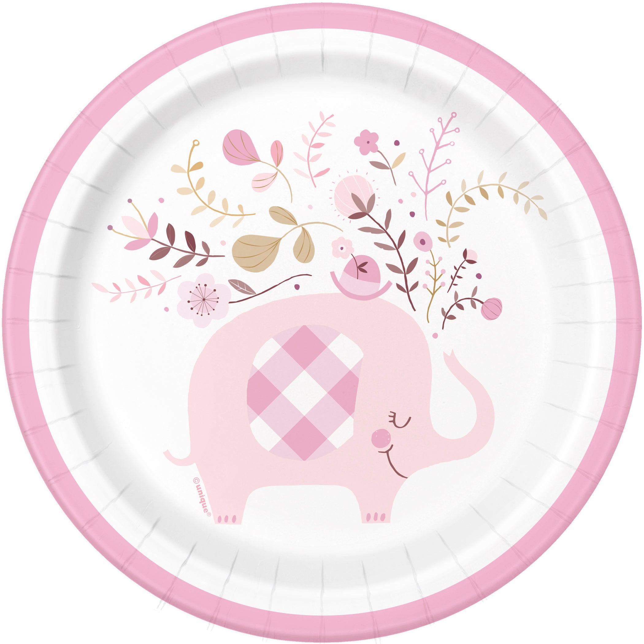 Pink Floral Elephant 8 Round Paper Plates 7in