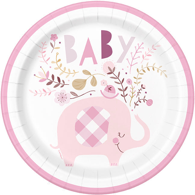 Pink Floral Elephant 8 Round Paper Plates 9in