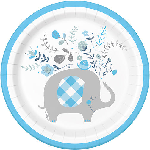 Blue Floral Elephant 8 Round Paper Plates 7in