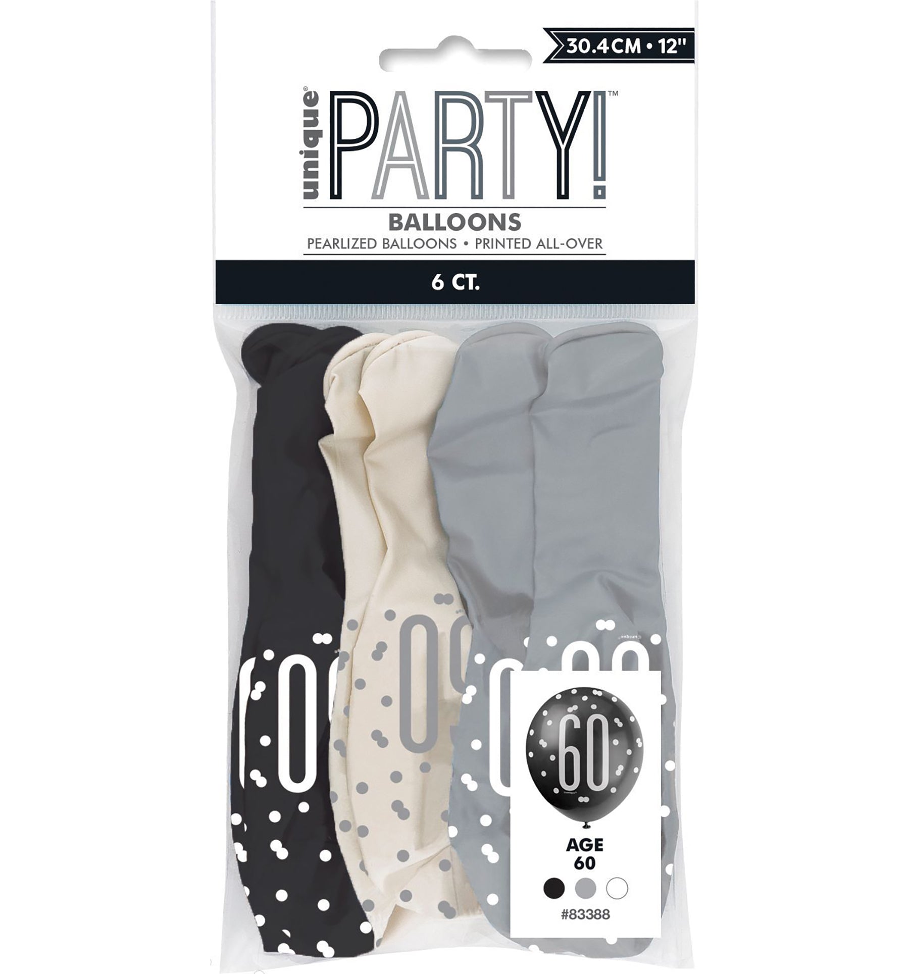 Age 60 Black 6 Latex Balloons 12in