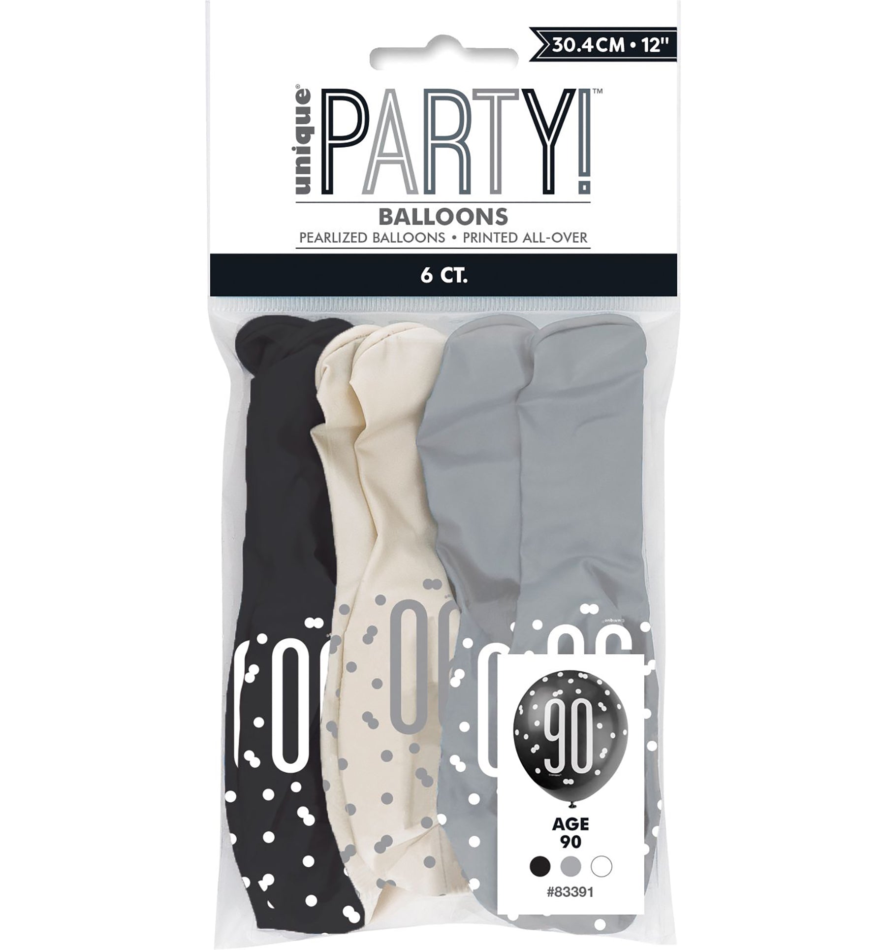 Age 90 Black 6 Latex Balloons 12in