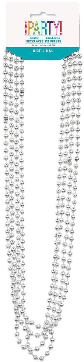 4 Silver Metallic Bead Necklaces 32in