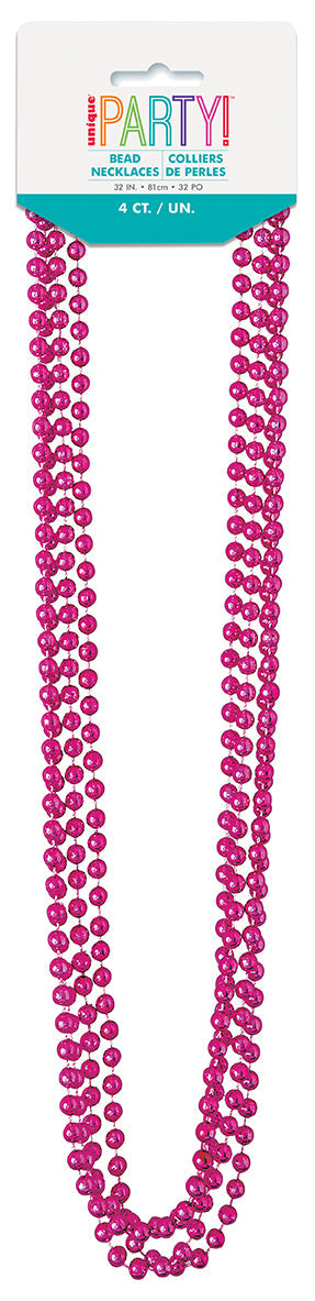 4 Hot Pink Metallic Bead Necklaces 32in
