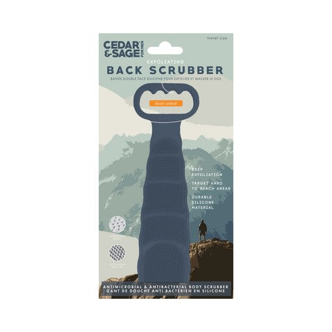 Cedar and Sage Mountains Theme Exfoliating Navy Silicone Back Scrubber 28in