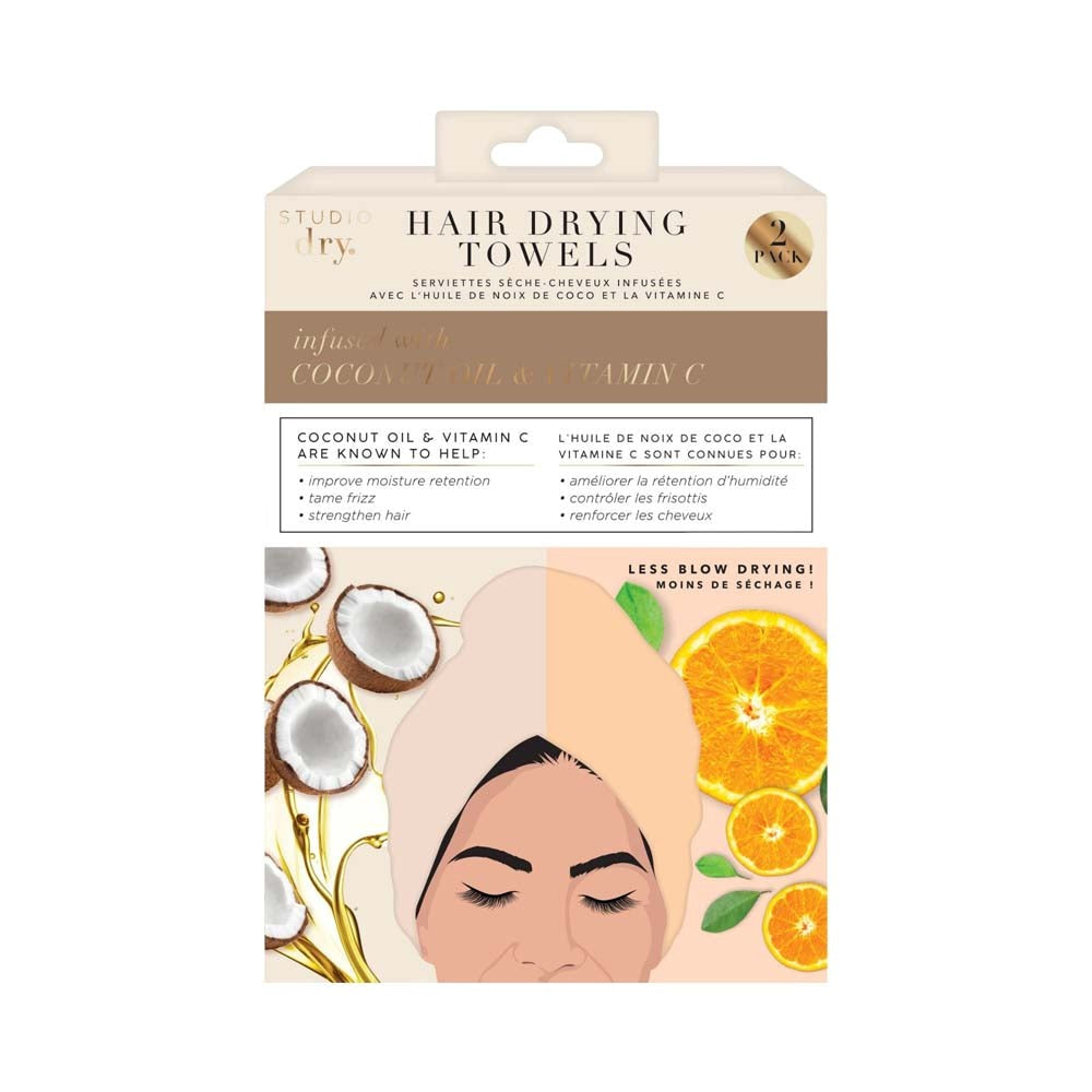 Studio Dry 2 Hair Drying Towels - Coconut Oil and Vitamin C Infused - 100% Polyester 