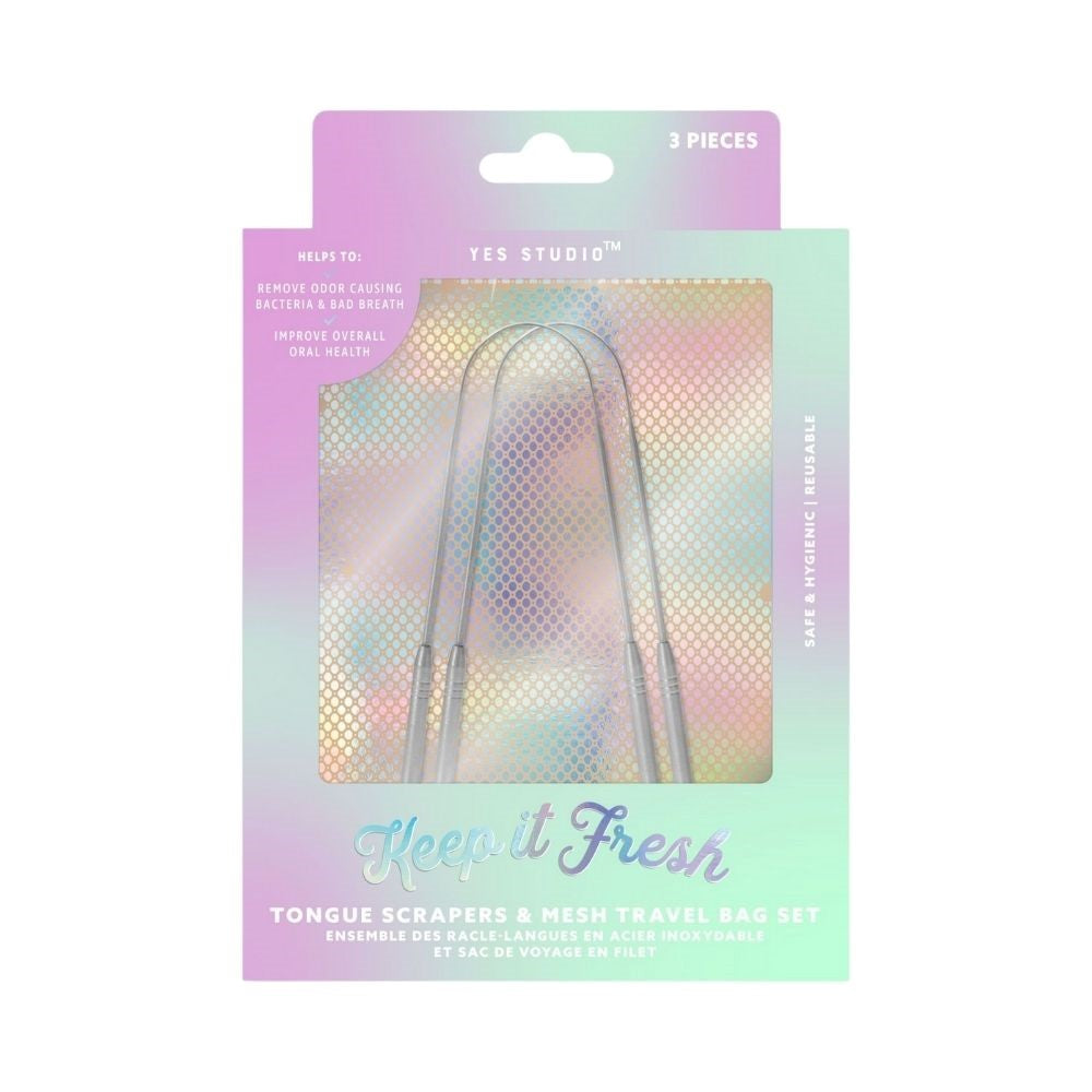 Yes Studio 3pcs Tongue Scraper Set with Mesh Travel Bag - Stainless Steel 5.75in