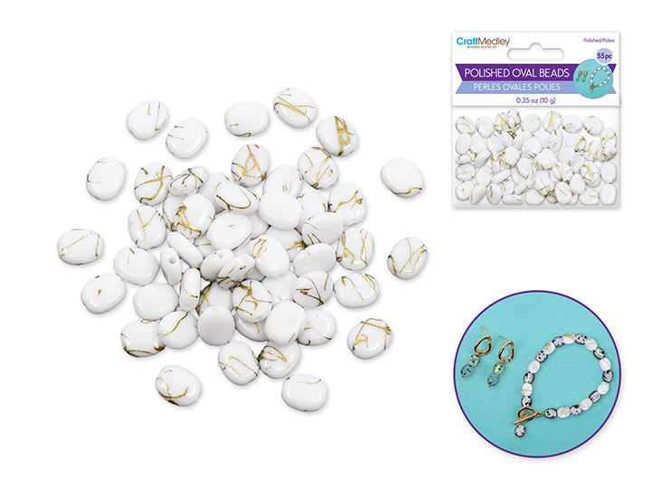 Polished Speckled Oval Beads 8-10mm 10g (Approx. 55pc) Pearl White