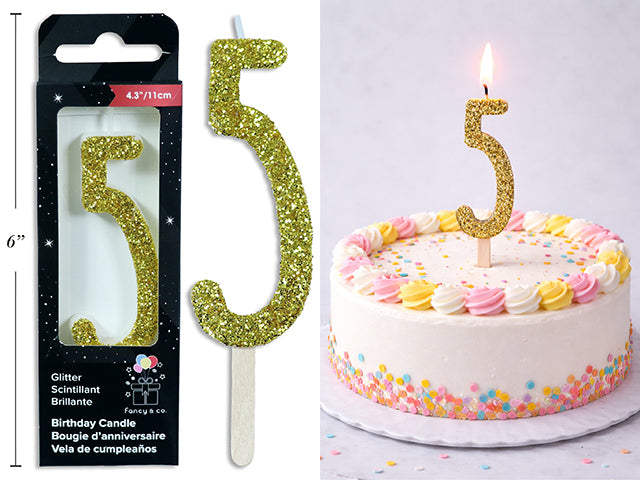 Chandelle d'anniversaire pailletée or, chiffre 5, 11 cm