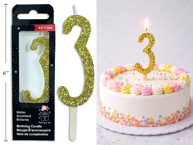 Chandelle d'anniversaire pailletée or, chiffre 3, 11 cm