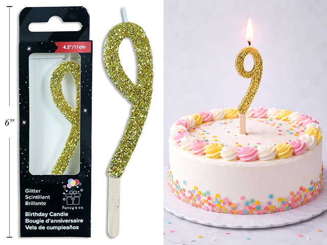 Chandelle d'anniversaire pailletée or, chiffre 9, 11 cm