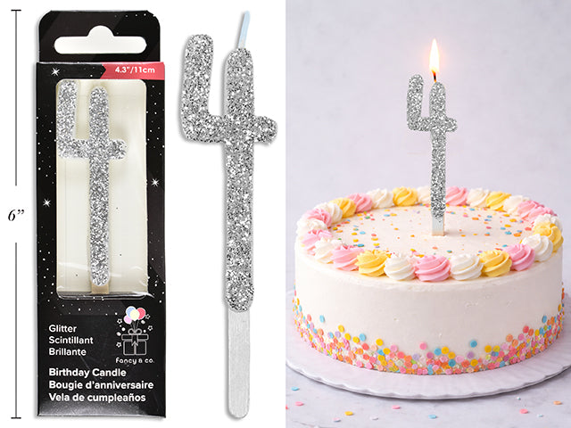 Chandelle d'anniversaire pailletée argent, chiffre 4, 11 cm