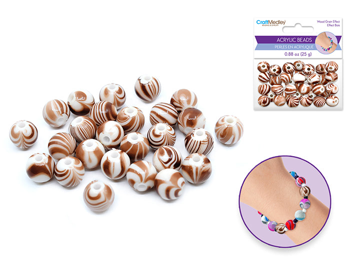 Acrylic Wood Grain Effect Beads 12mm 25g Cocoa