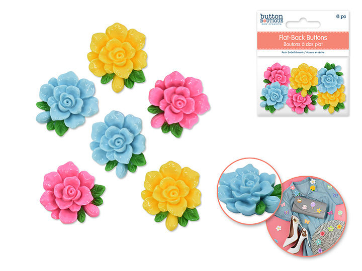 Flat-Back Resin Embellishment Buttons 6pc Assorted Open Rose
