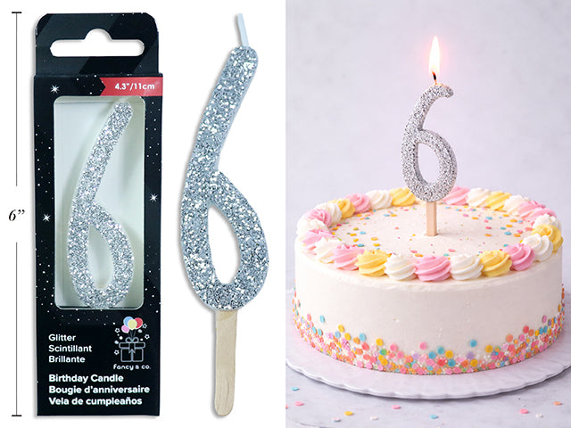 Chandelle d'anniversaire pailletée argent, chiffre 6, 11 cm