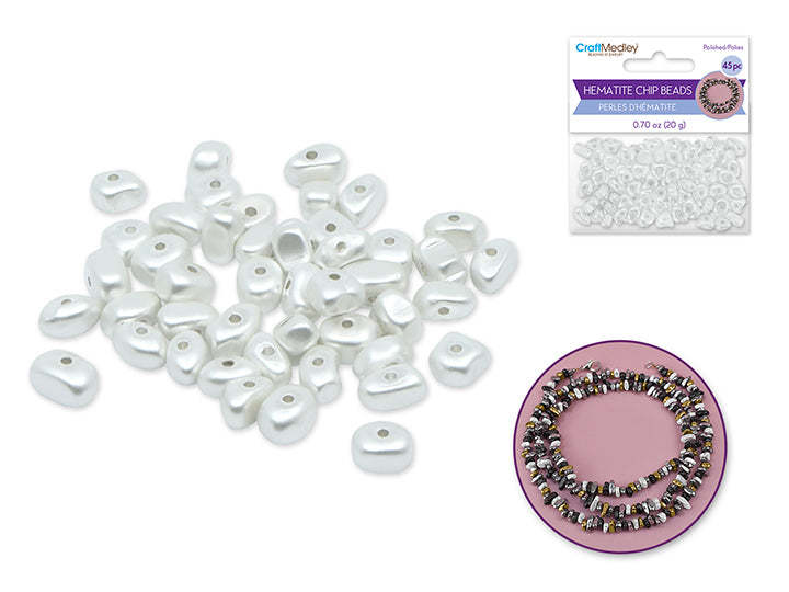 Polished Hematite Chip Beads 5-10mm 20g (Approx. 45pc) Pearl White
