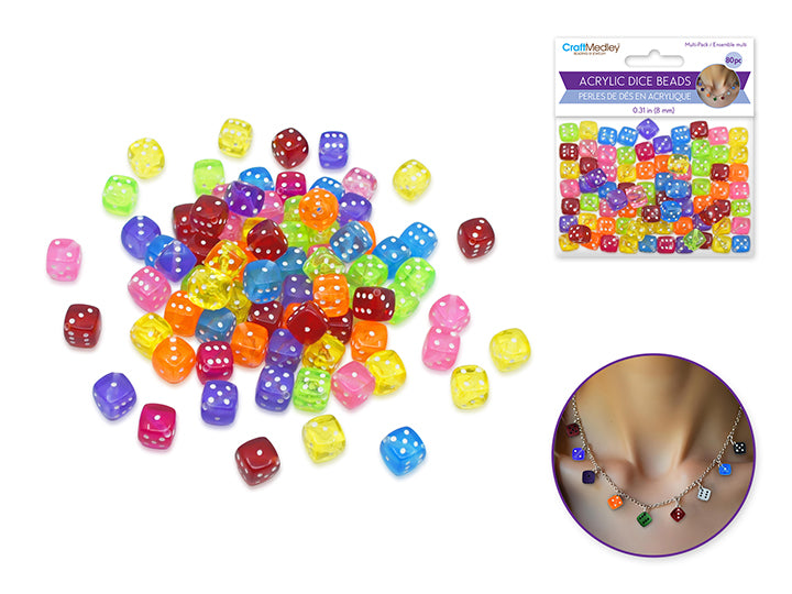 Acrylic Dice Cube Beads 8mm 80pc Assorted