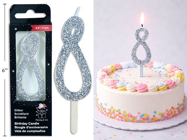 Chandelle d'anniversaire pailletée argent, chiffre 8, 11 cm