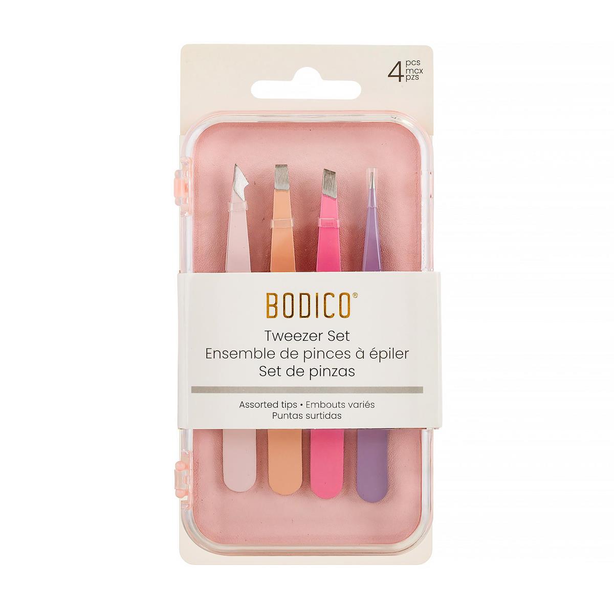 Bodico Ensemble de 4 pinces à épiler avec étui rose