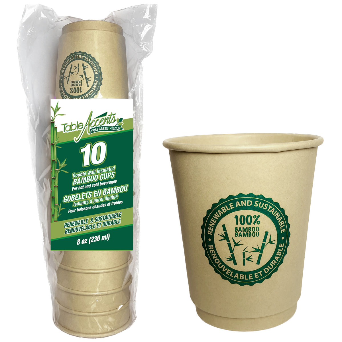 Gobelets en Bambou Isoles a Double Paroi Table Accents, 8oz, 10 Unites