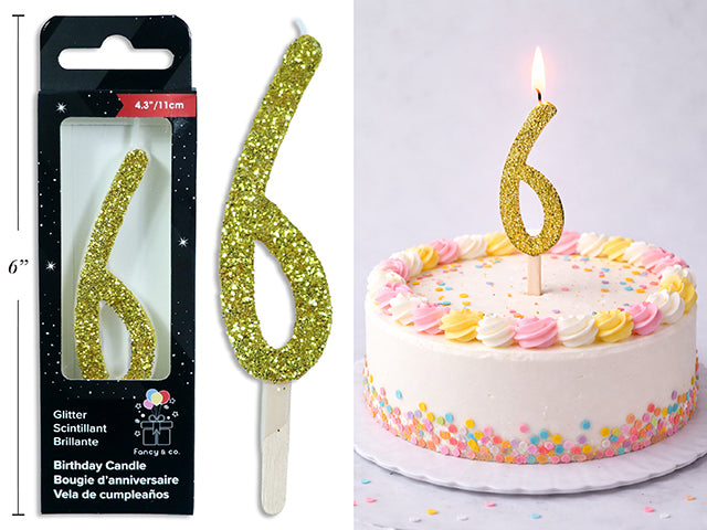 Chandelle d'anniversaire pailletée or, chiffre 6, 11 cm