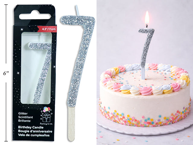 Chandelle d'anniversaire pailletée argent, chiffre 7, 11 cm