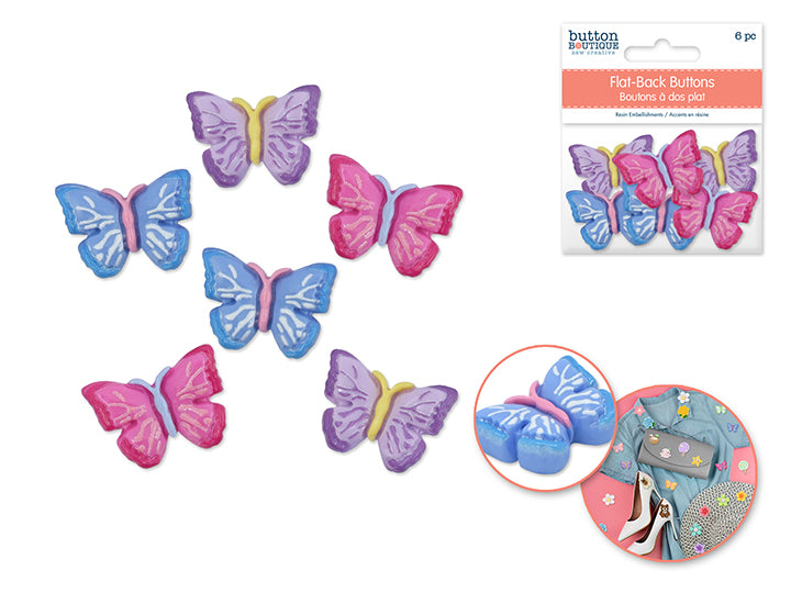 Flat-Back Resin Embellishment Buttons 6pc Assorted Vivid Butterfly