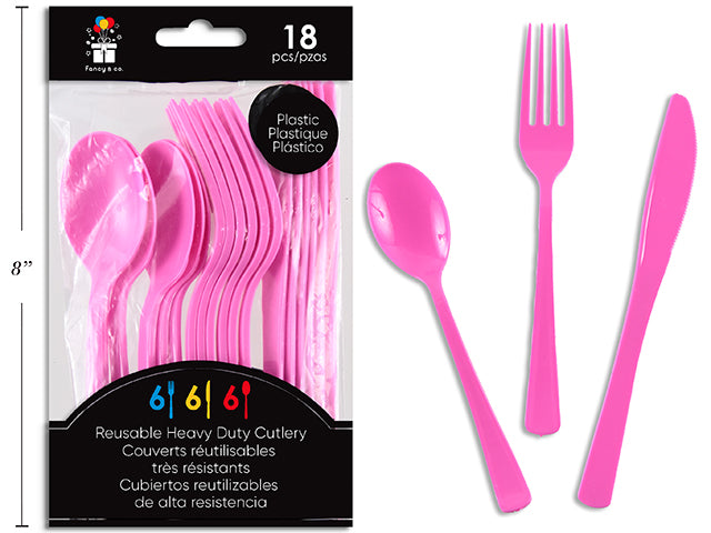 Ensemble de Couverts en Plastique Réutilisables Rose, 18 Pièces Assorties