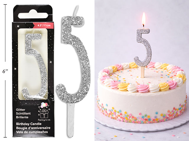 Chandelle d'anniversaire pailletée argent, chiffre 5, 11 cm