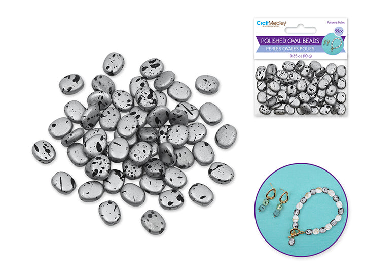 Polished Speckled Oval Beads 8-10mm 10g (Approx. 55pc) Silver