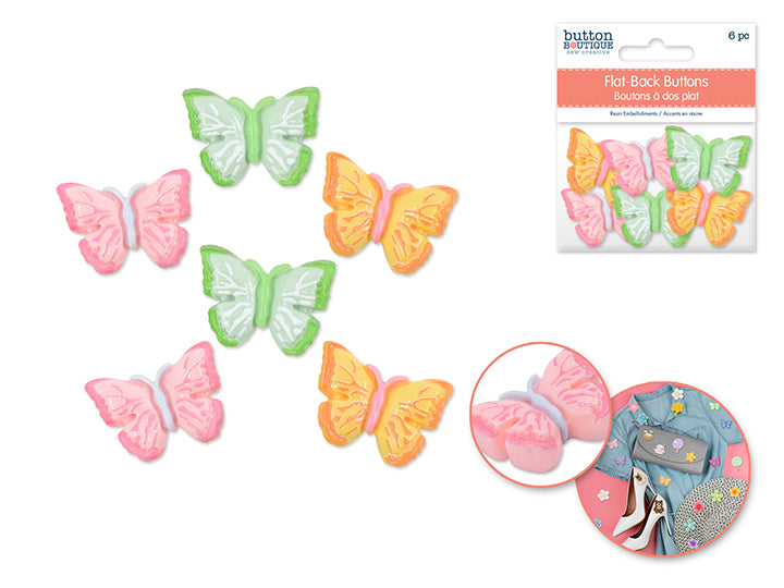 Flat-Back Resin Embellishment Buttons 6pc Assorted Butterfly Flower