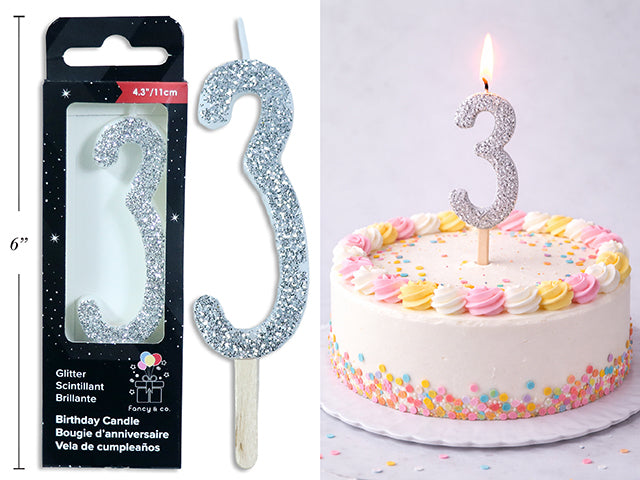 Chandelle d'anniversaire pailletée argent, chiffre 3, 11 cm