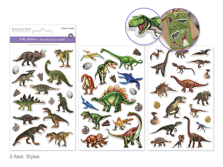 3D Puffy PVC Stickers 4x6in Assorted Dinosaurs