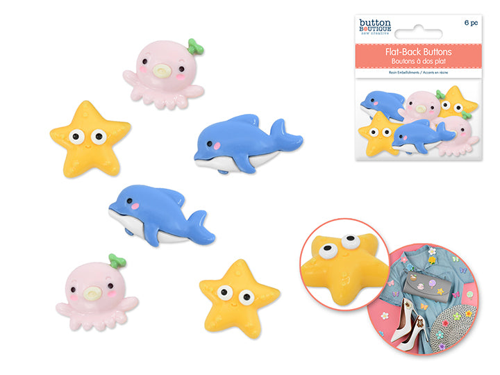 Flat-Back Resin Embellishment Buttons 6pc Assorted Sea Life