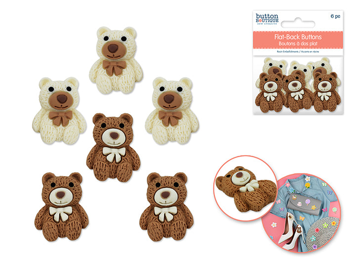 Flat-Back Resin Embellishment Buttons 6pc Assorted Teddy Bear