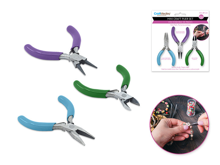 Mini Craft Plier Set 3pc 3.2in with Soft Grip Handle