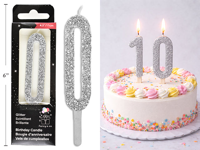 Chandelle d'anniversaire pailletée argent, chiffre 0, 11 cm