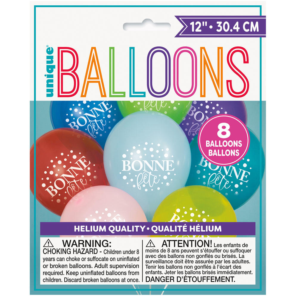 8 Bonne Fête Latex Balloons 12in Assorted Colors