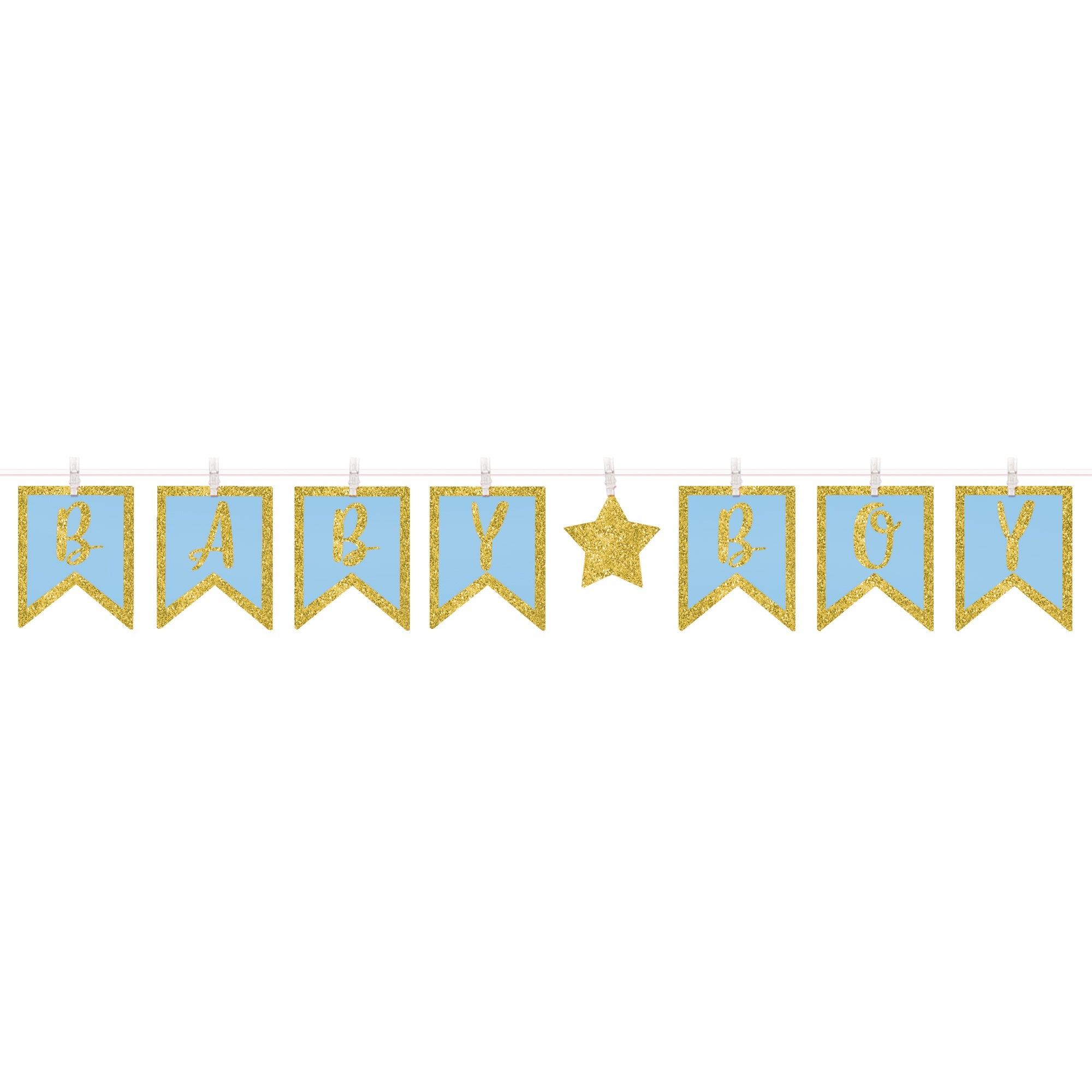 Clothespin Letter Banner  Boy Ribbon Glitter Paper & Wood 12ftx6.375in