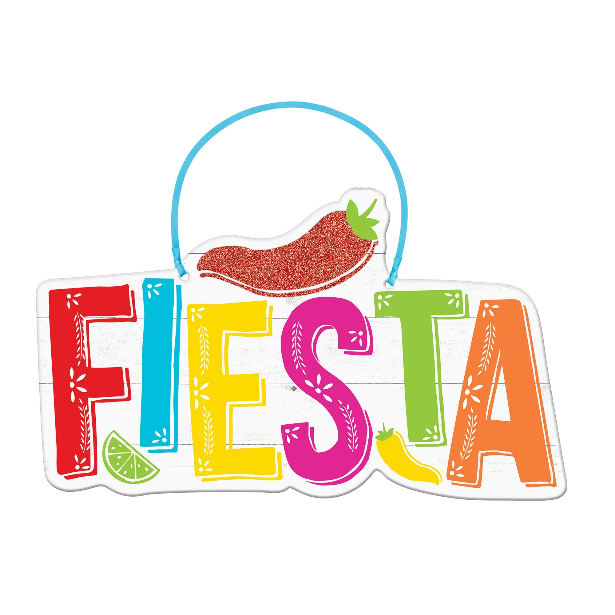 Let's Fiesta  Hanging Sign MDF w/Glitter & Ribbon Hanger   6.75x11.5in