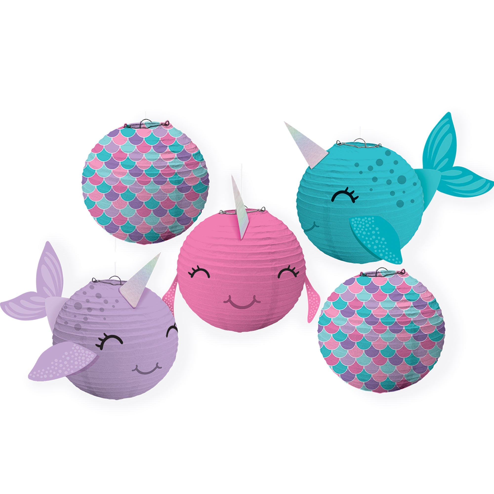 Shimmering Mermaids 5 Mini Narwhal Lanterns  Paper w/Wire Frames  5in