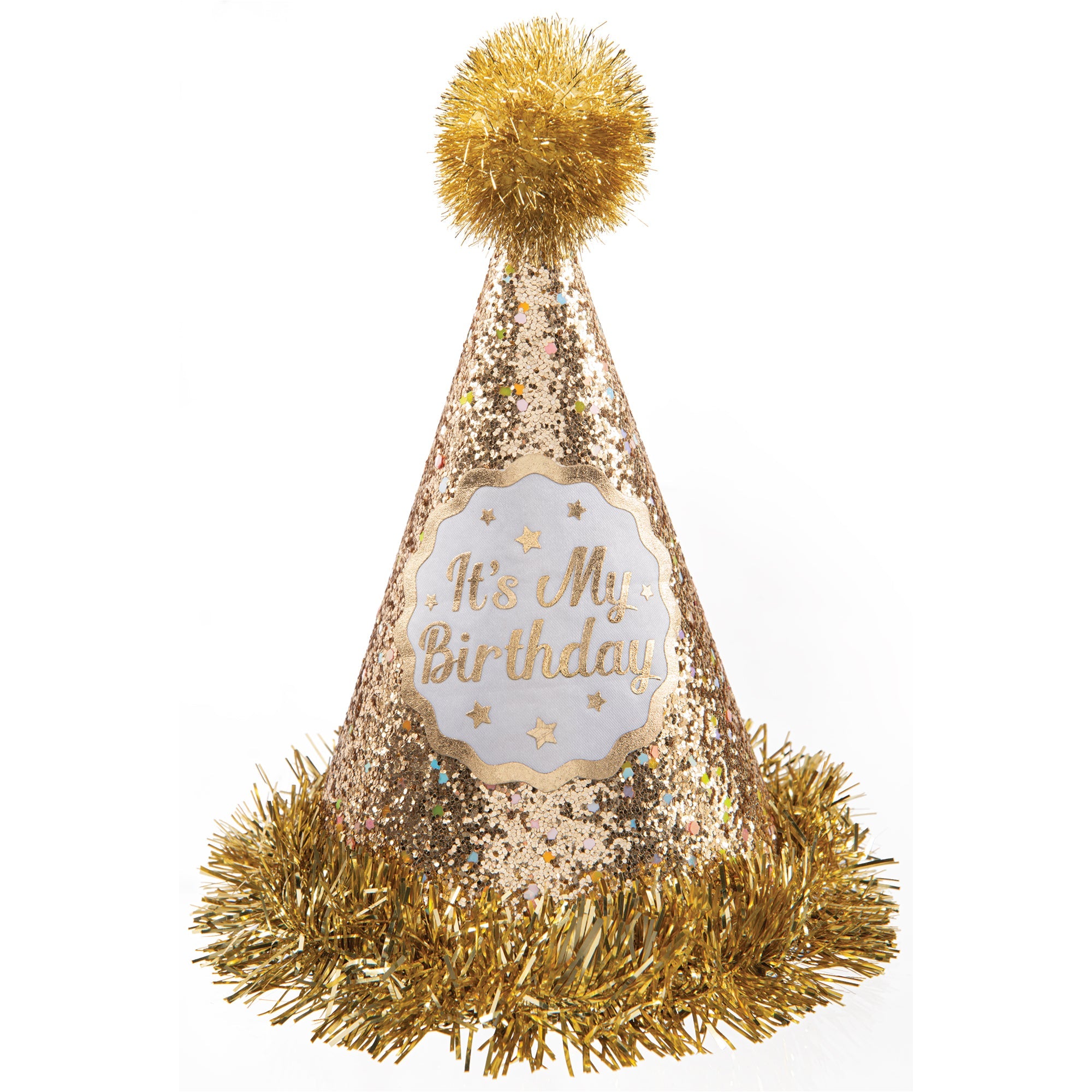 Gold Birthday Cone Hat with Glitter  9x8in