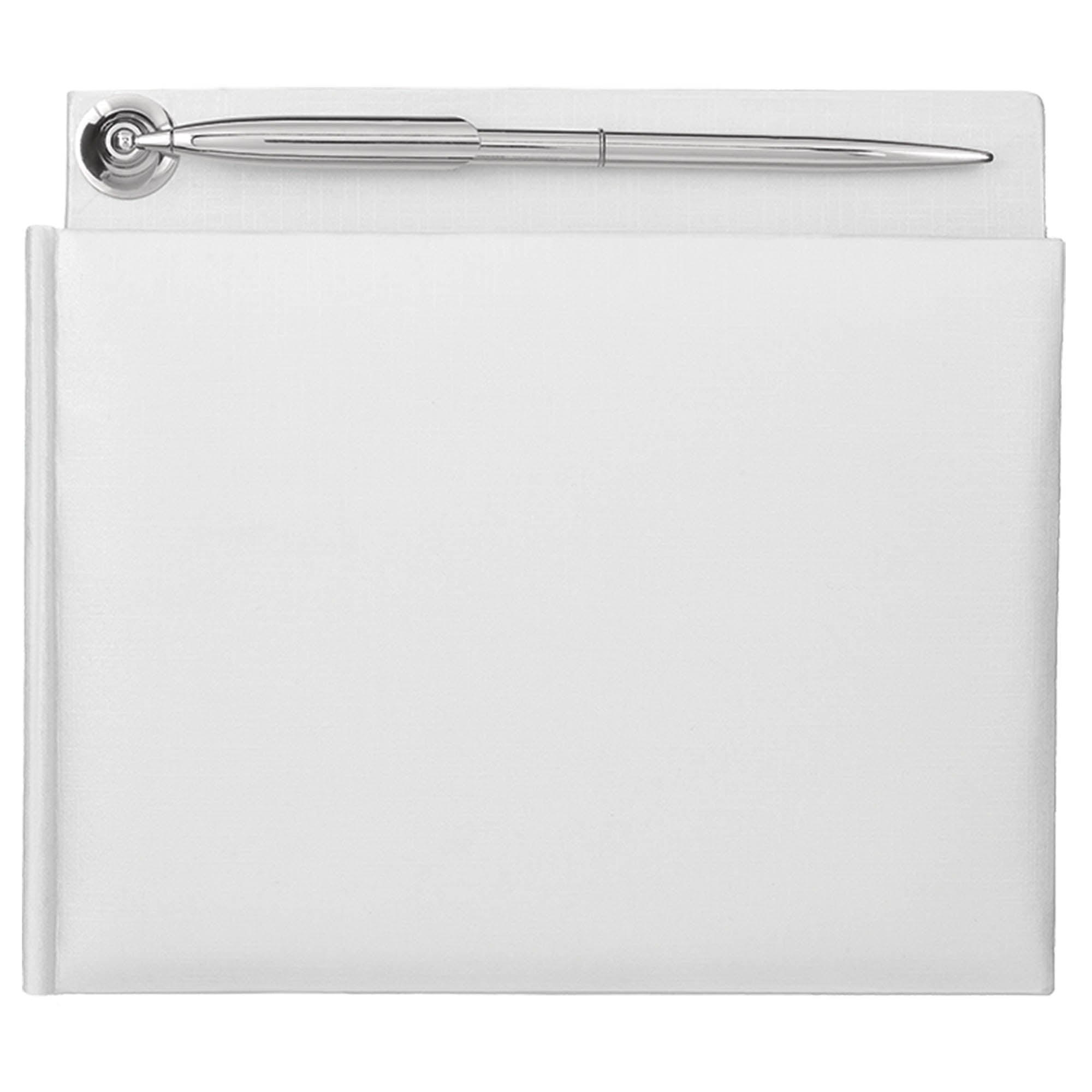 Guest Book  White Pearlized Paper Book with Pen  7.375x 8.125in
