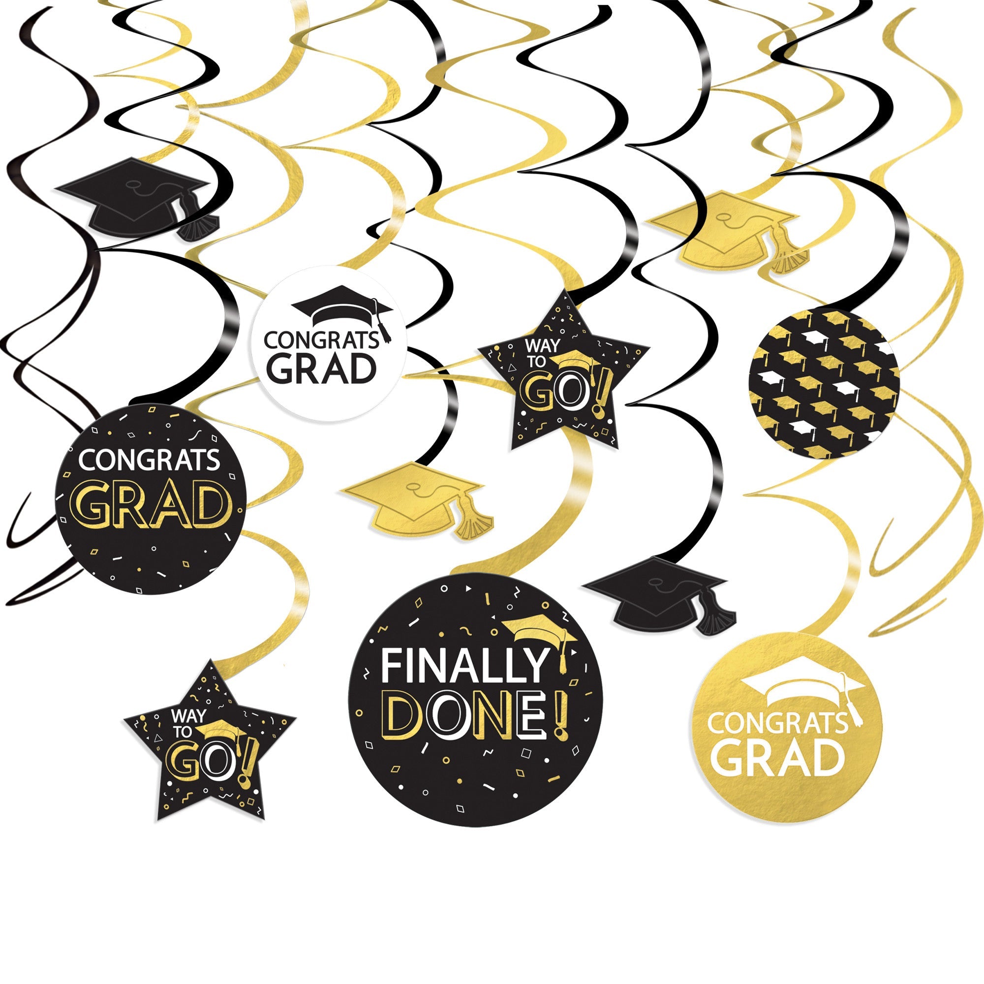 Graduation 30 Swirl Decorations with 5in to 7in Paper Cutouts 