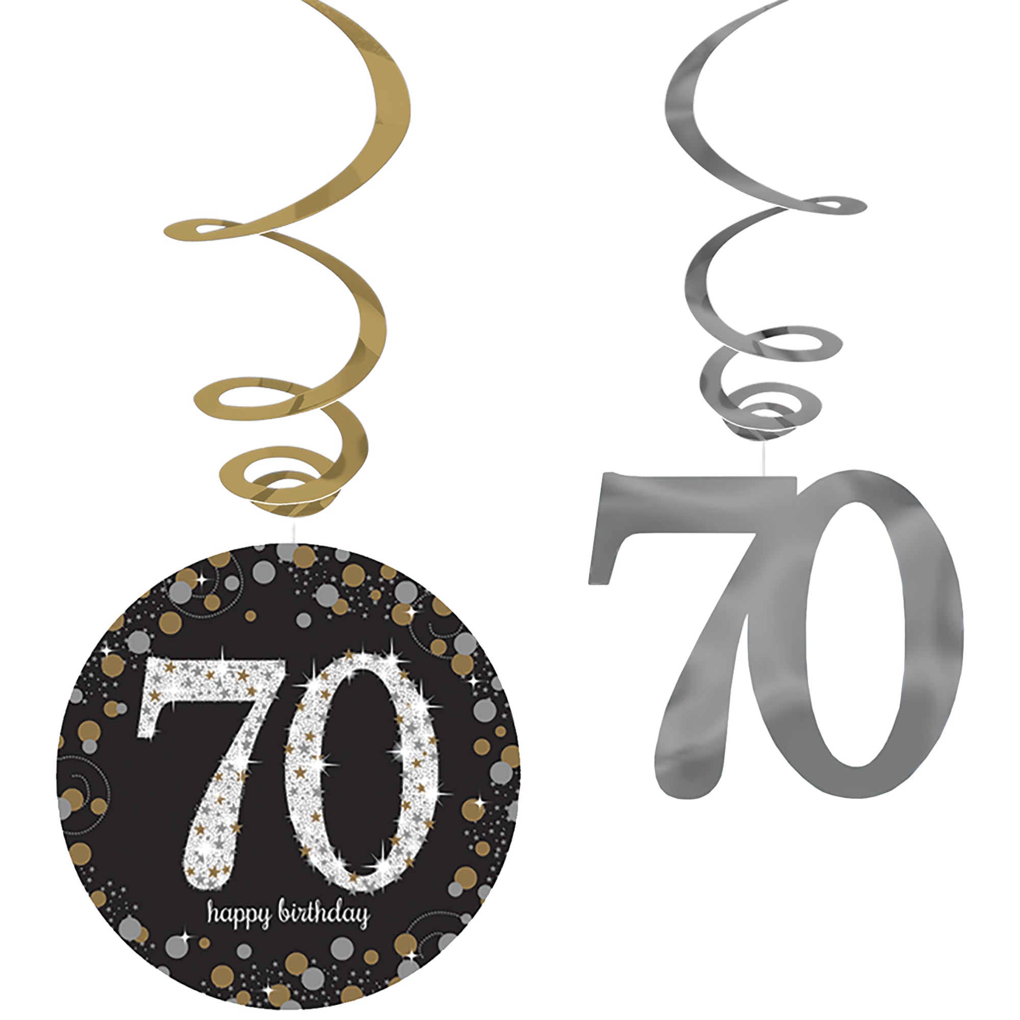 Sparkling Celebration Swirl Decorations 70th  12 Pcs with 5in to 7in Cutouts
