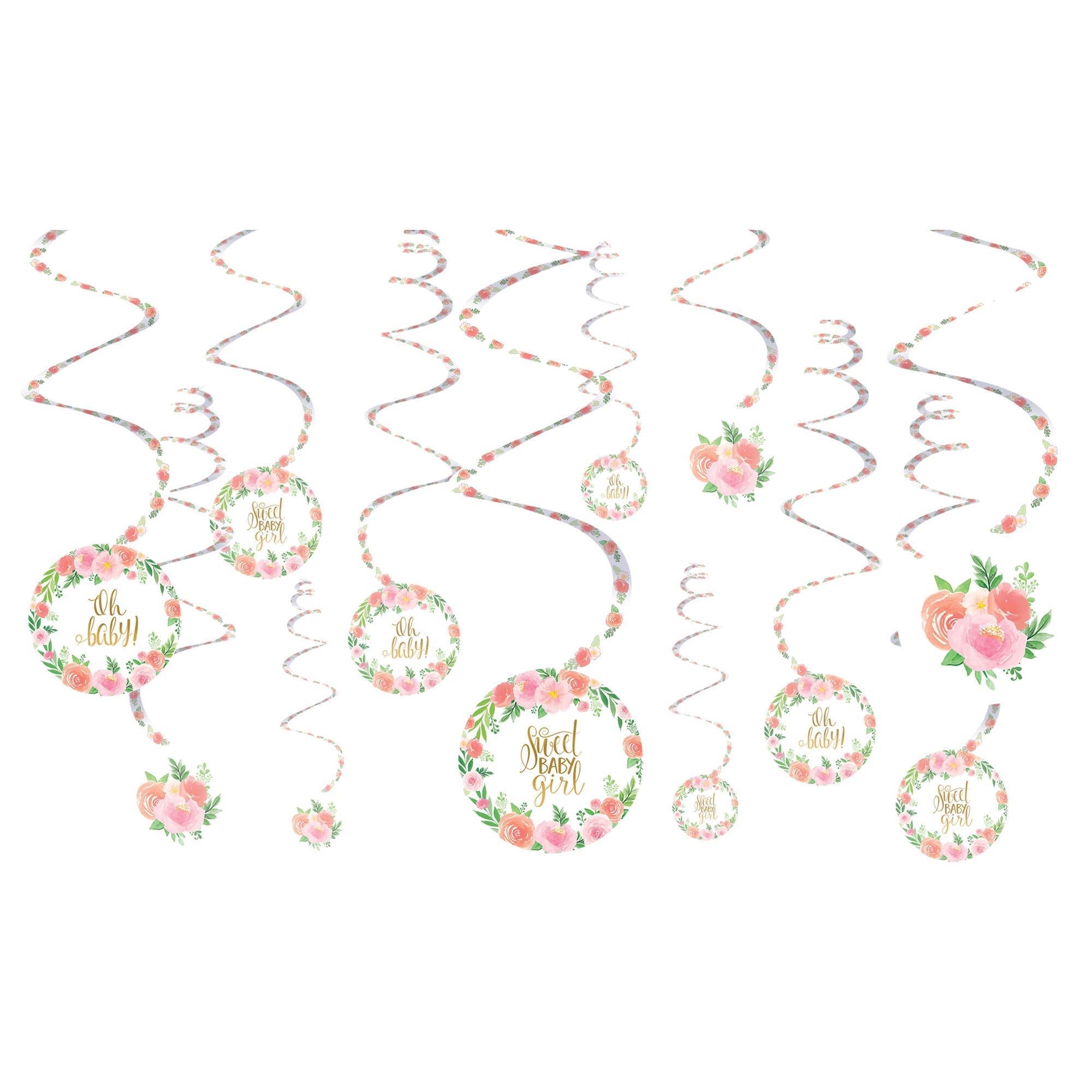 Floral Baby 12 Spiral Decorations  Paper with 5in Cutouts