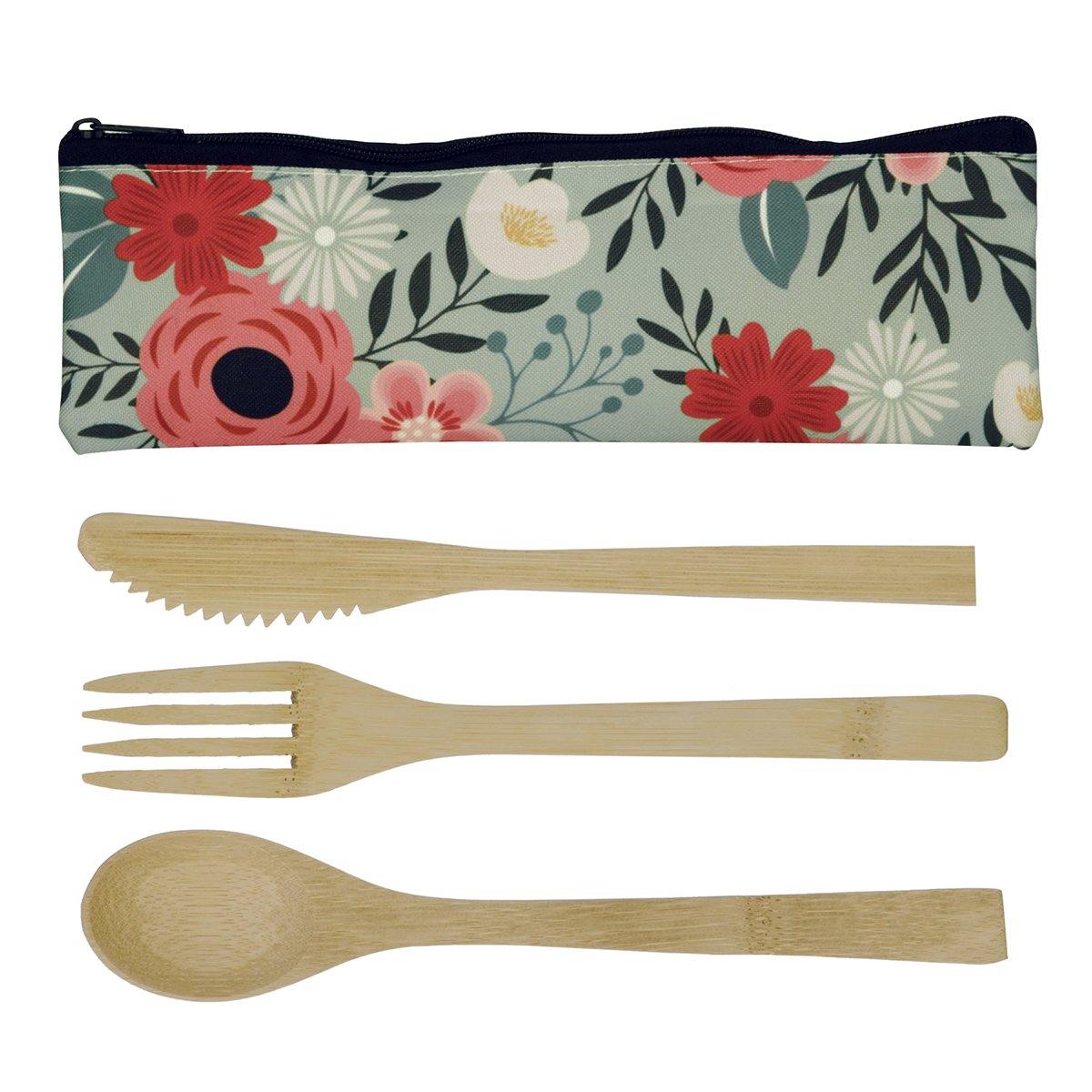 Set Of 3 Bamboo Utensils & Pouch - Green Floral 8.5 x 3''