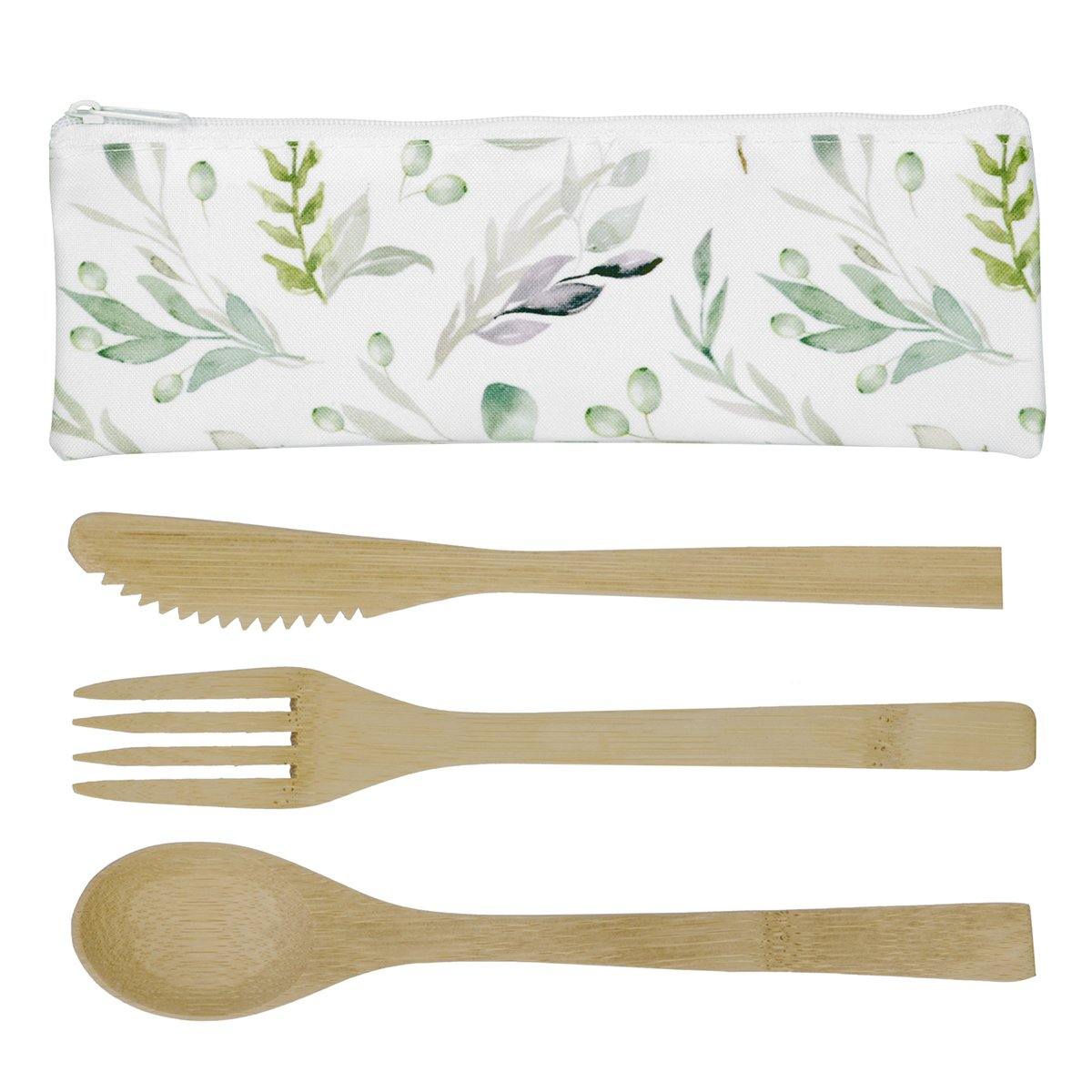 Set Of 3 Bamboo Utensils & Pouch -Olive Branch 8.5 x 3''