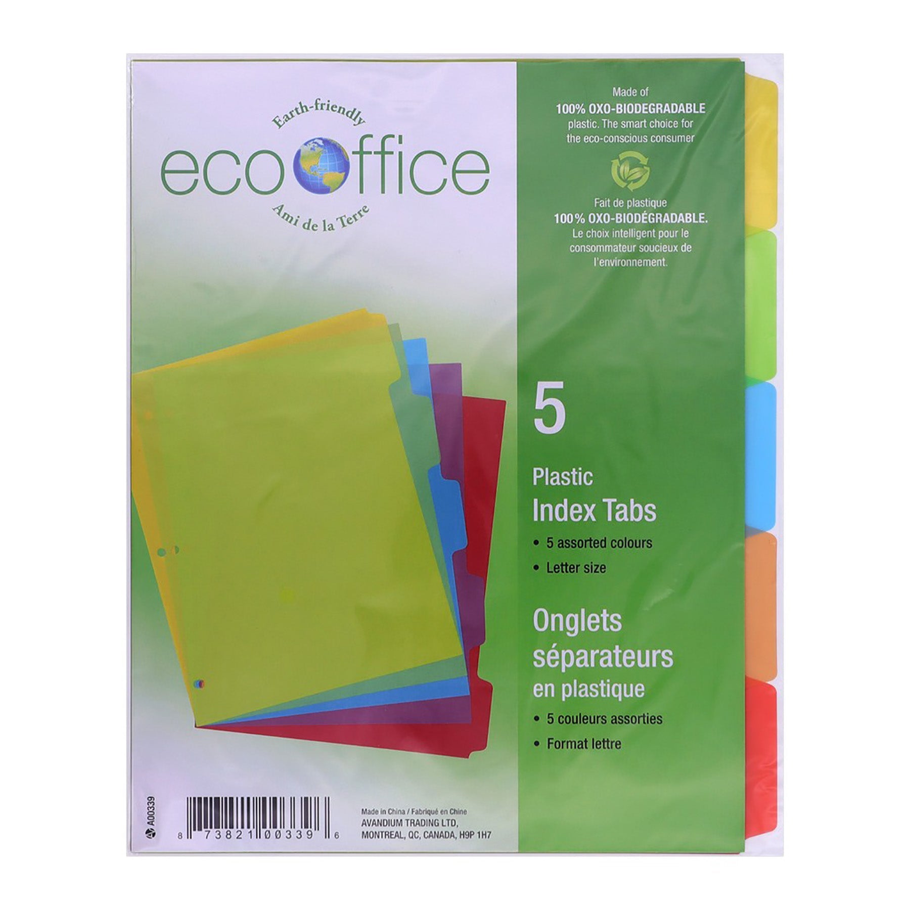 EcoOffice 5 Index Tab Dividers Assorted Colors Plastic 11x9in
