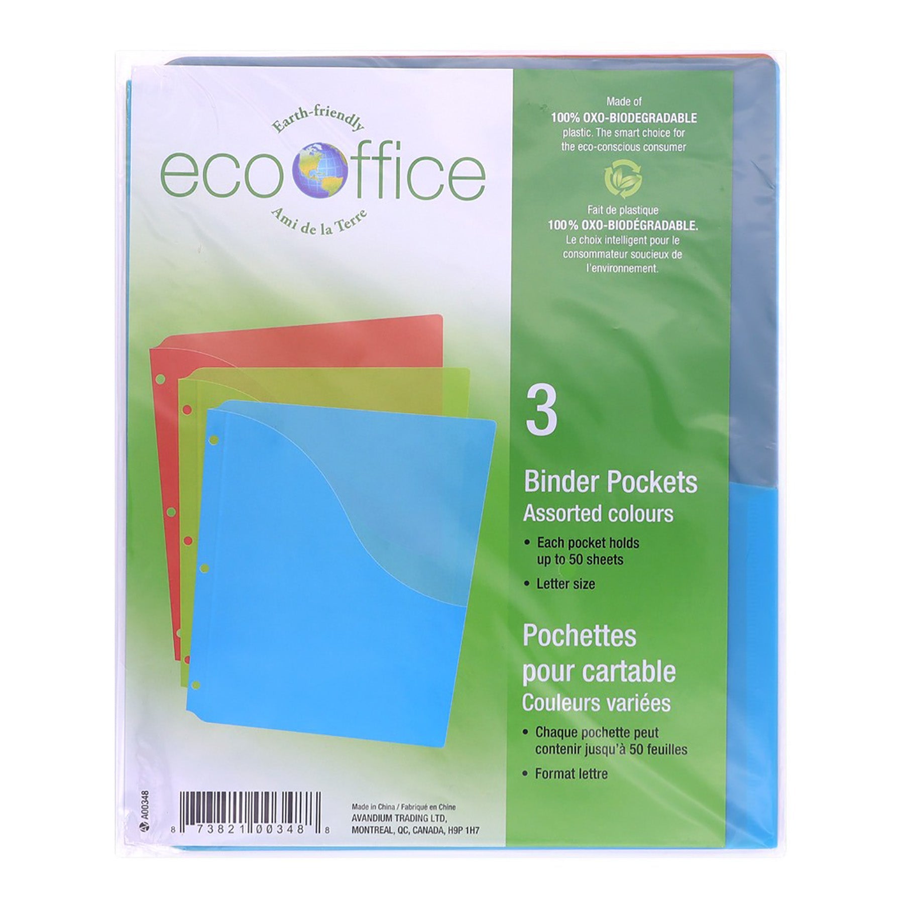 EcoOffice 3 Binder Pockets Colored Plastic 11.2x8.5in
