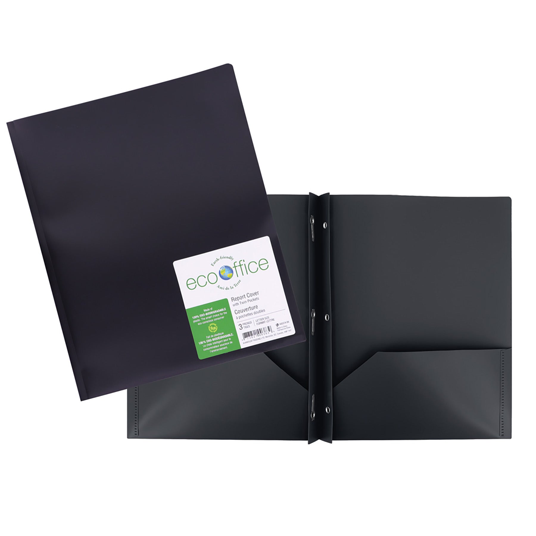 EcoOffice 3-Prong Report Cover 2 Pockets Black Plastic 11.25x9.25in